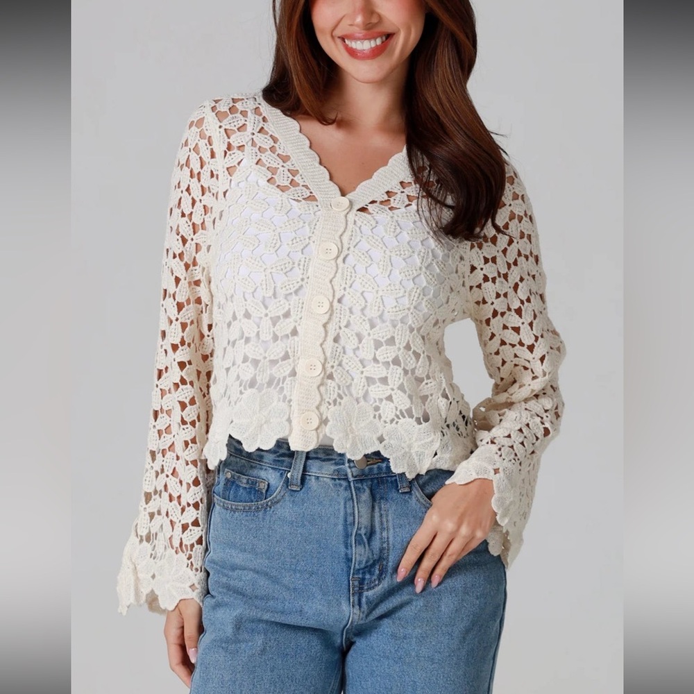 Rebellion Cream Floral Crochet Knit Cardigan-Excellent Condition- Size M